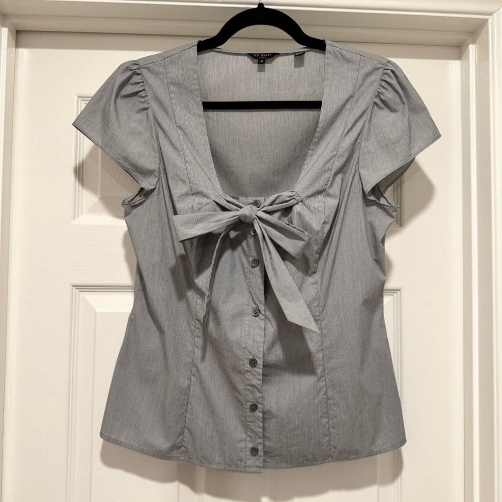Ted Baker Gray Blouse with Tie Front Size 4/US Size 10 (Large)